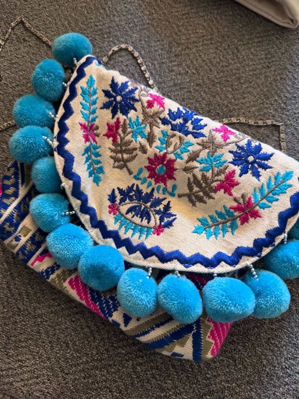 Beautiful bright boho embroidered clutch purse poms crossbody